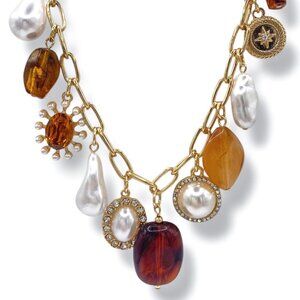 Pearl Resin Stone Gold Dipped Charm Necklace Boho Style Rhinestone Sun Coin NEW